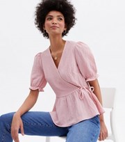 New Look Pale Pink Textured V Neck Peplum Wrap Blouse